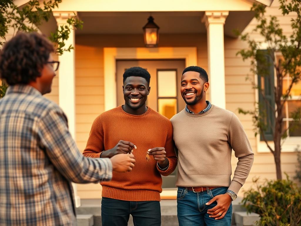 New homeowners receiving keys to their first home