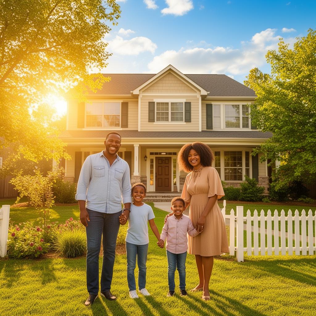Happy family standing proudly in front of their beautiful new home